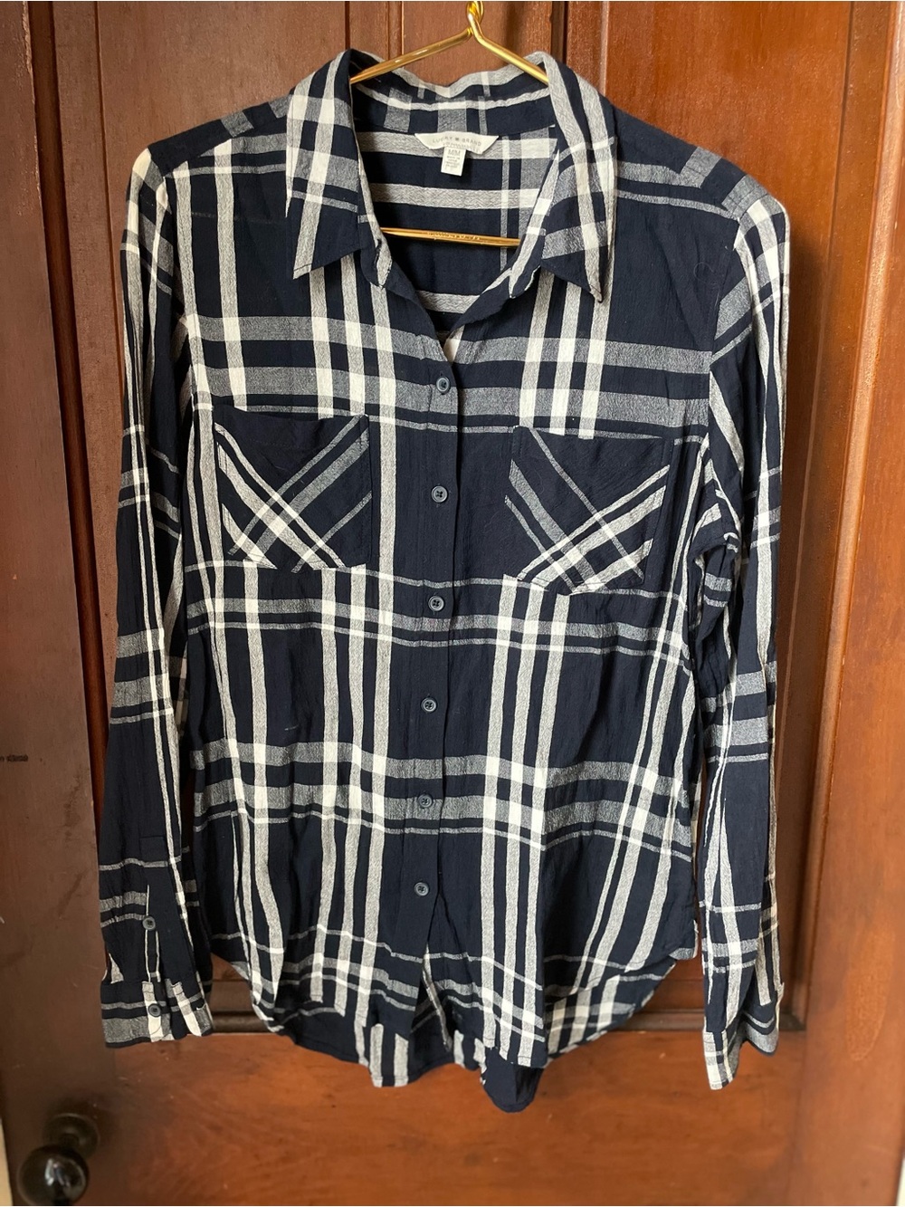 Lucky Brand women's medium long sleeve blue / white plaid button down top